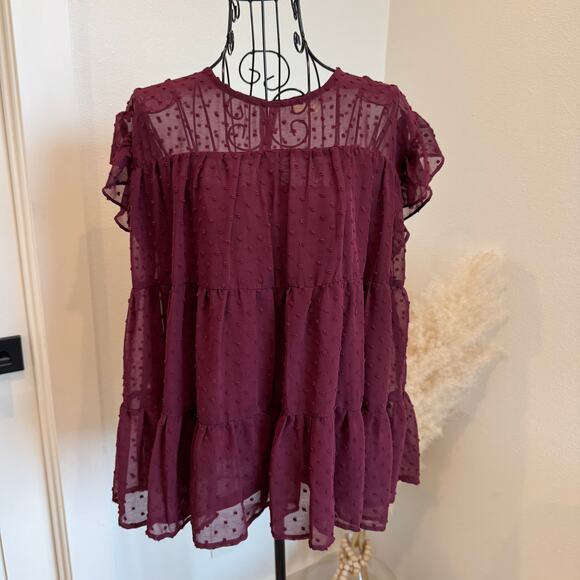 Entro Burgundy Swiss Dot Sheer Feminine Babydoll Flutter Sleeve Blouse Small - Picture 1 of 7